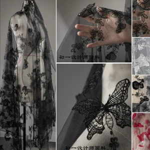 Black three-dimensional butterfly embroidery mesh gauze fabric
